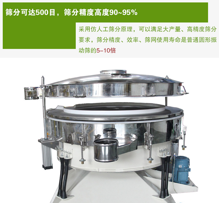 搖擺篩分機(jī)采用仿人工篩分原理，可以滿足大產(chǎn)量、高精度篩分 要求，篩分精度、效率、篩網(wǎng)使用壽命是普通圓形振 動(dòng)篩的5-10倍
