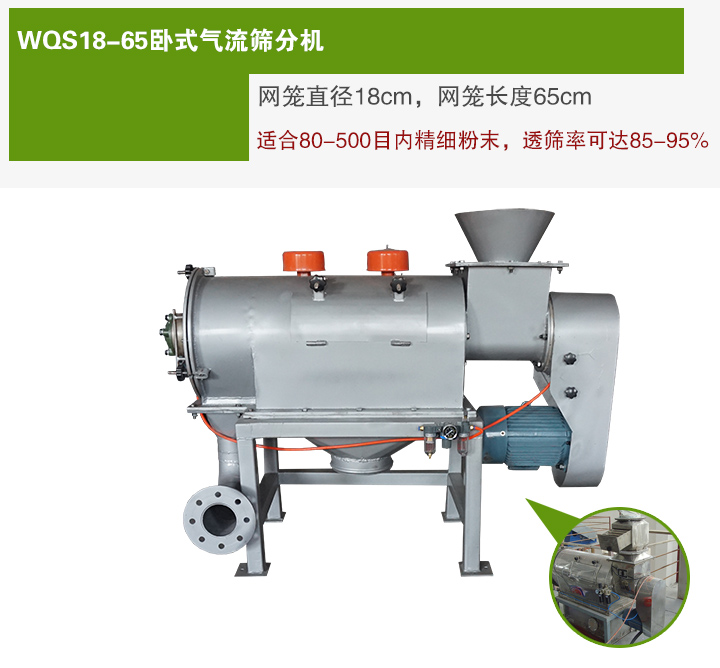 WQS18-65臥式氣流篩分機(jī)網(wǎng)籠直徑為18cm，網(wǎng)籠長度為65cm